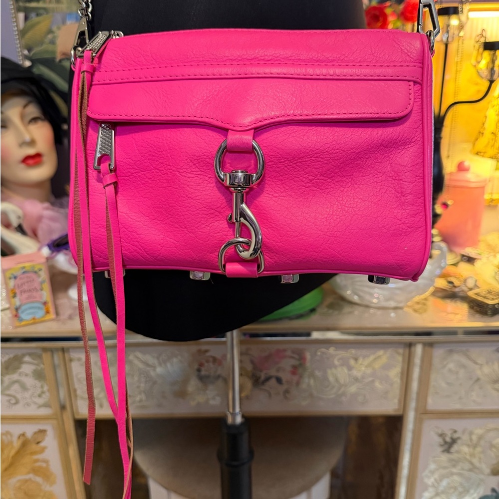 Rebecca Minkoff Mini M.A.C Electric Pink Leather Crossbody Bag Purse Chain Strap - Picture 6 of 17